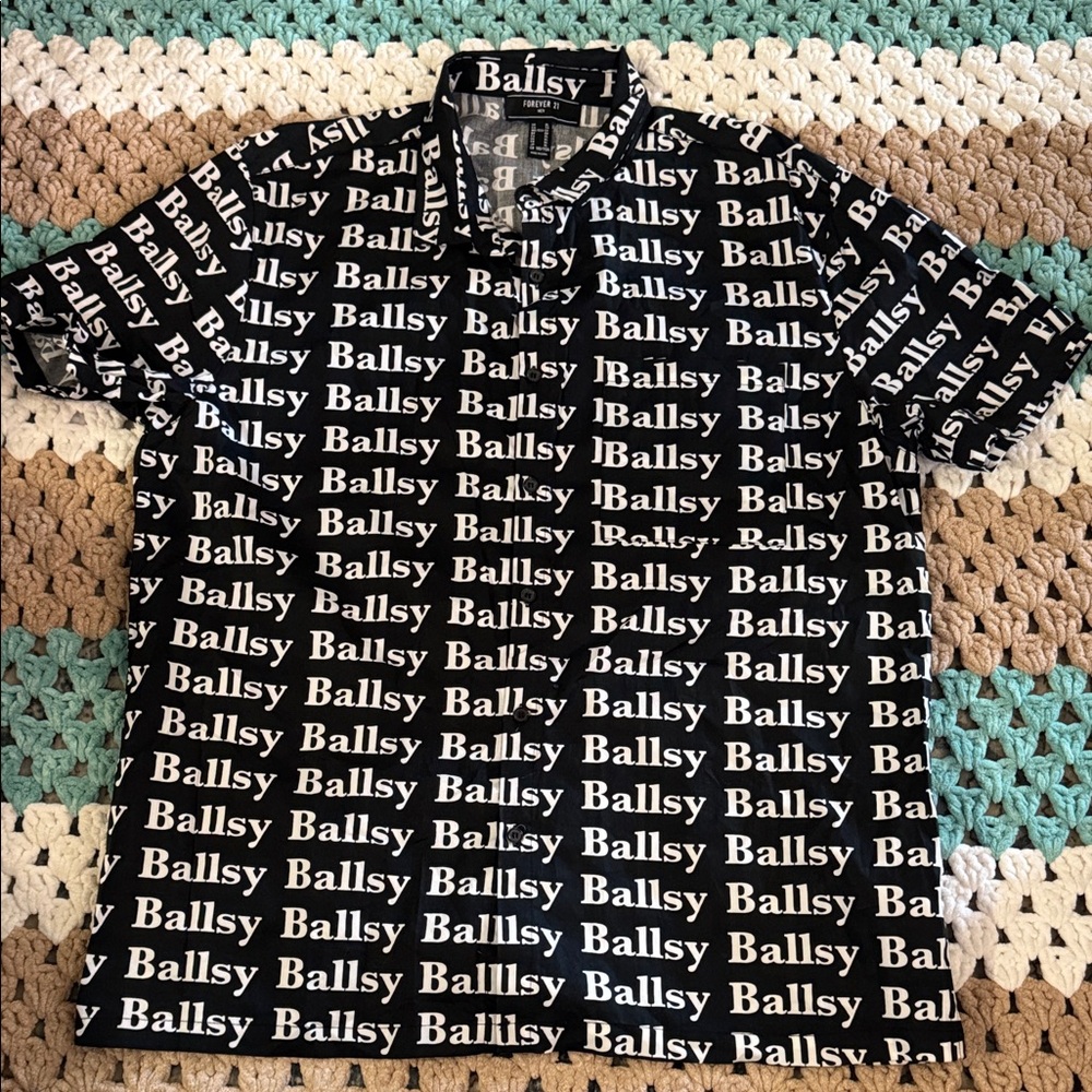 Ballsy Black White Button Up Collar Hawaiian Shirt Men’s Sz XL